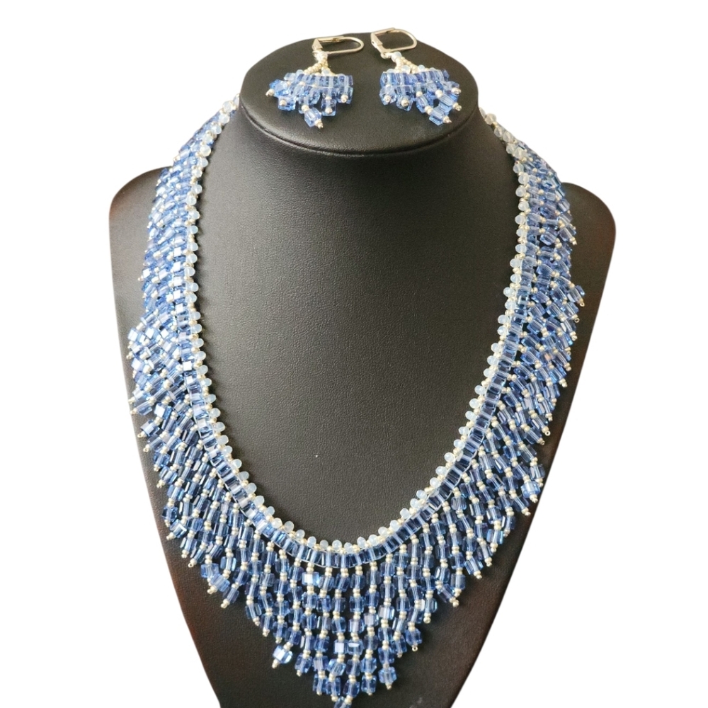 Artisan Handmade Swarovski Blue & Silver Waterfall Necklace Set